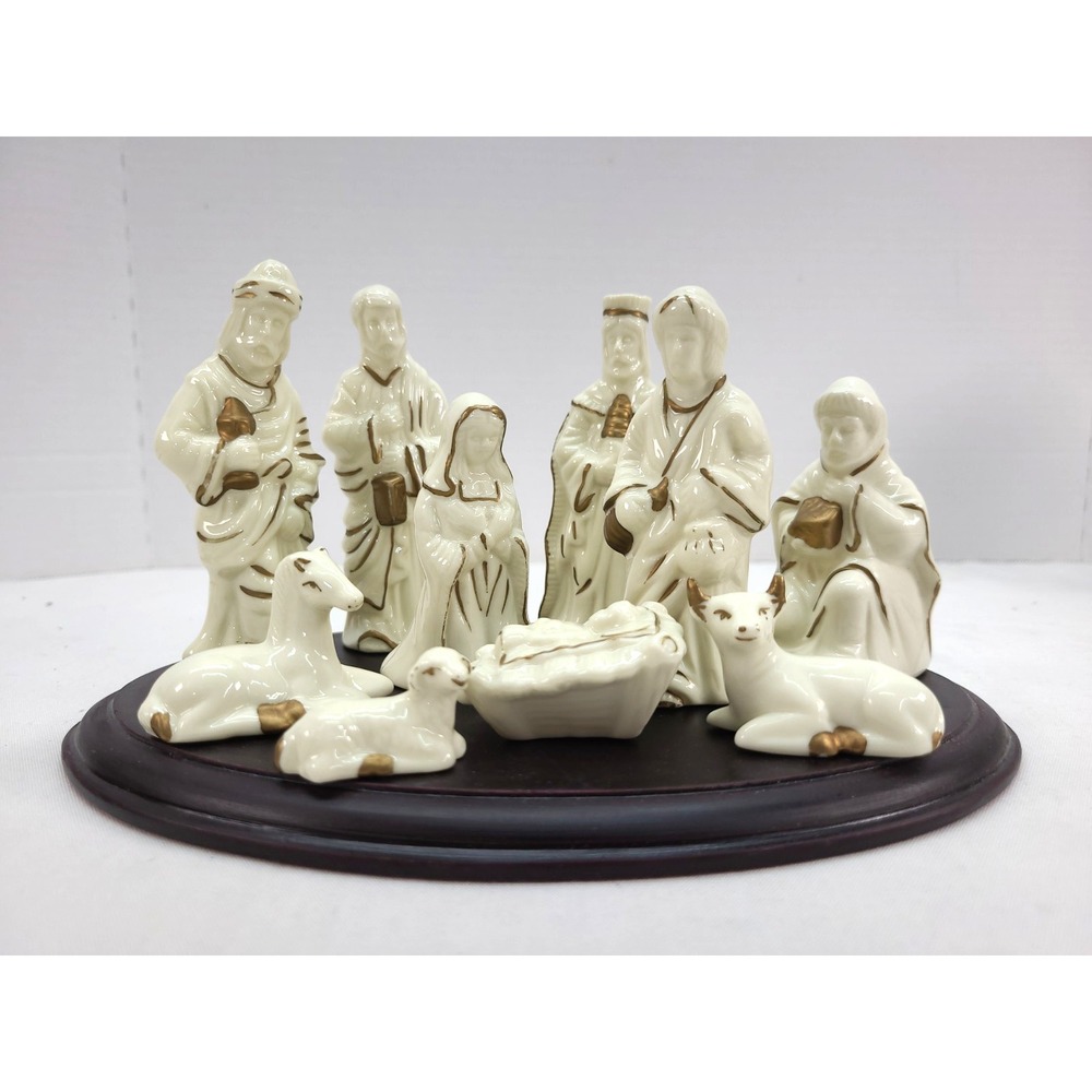 11 Piece White Nativity Set Wood Base Jade Collection Vintage World Bazaar